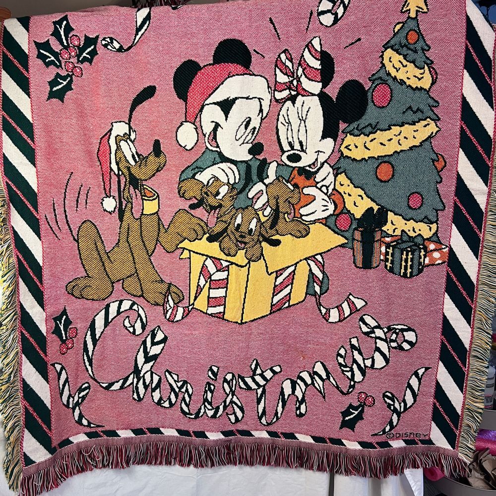 Vintage Disney Mickey Mouse Minnie ‎ Merry Christmas Blanket Woven Throw Fringe
